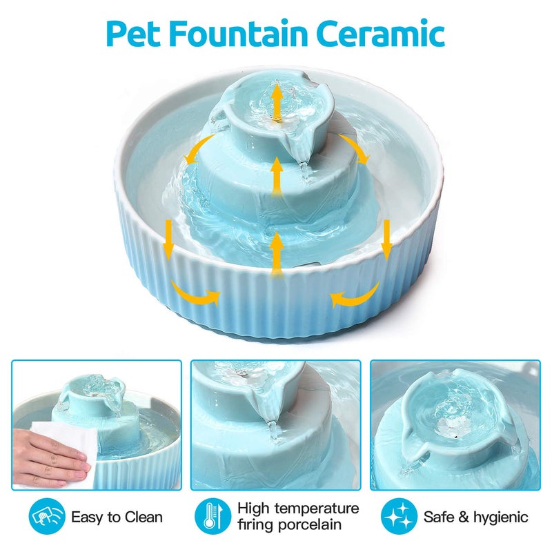 VinDox 2.1L Ceramic Cat Water Fountain-for Cats and Dogs, 360 Ceramic Pet Fountain-70 Oz Large Water Capacity - Whisper-Quiet Water Flow-Great for Shy or Timid Pets - Fresh, Filtered Water (Blue) - Image 2